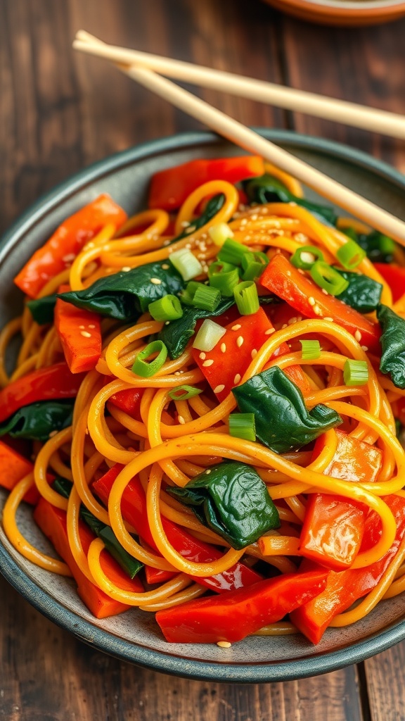 A colorful plate of Korean sweet potato noodles stir-fry with vegetables, garnished with sesame seeds and green onions.